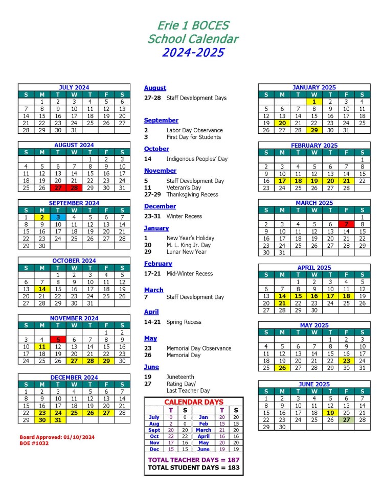 View our Erie 1 BOCES Instructional Calendar