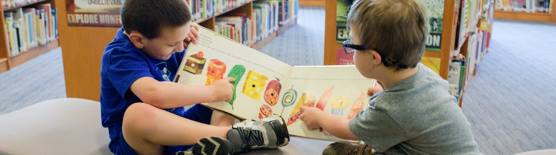 Two boys reading a book