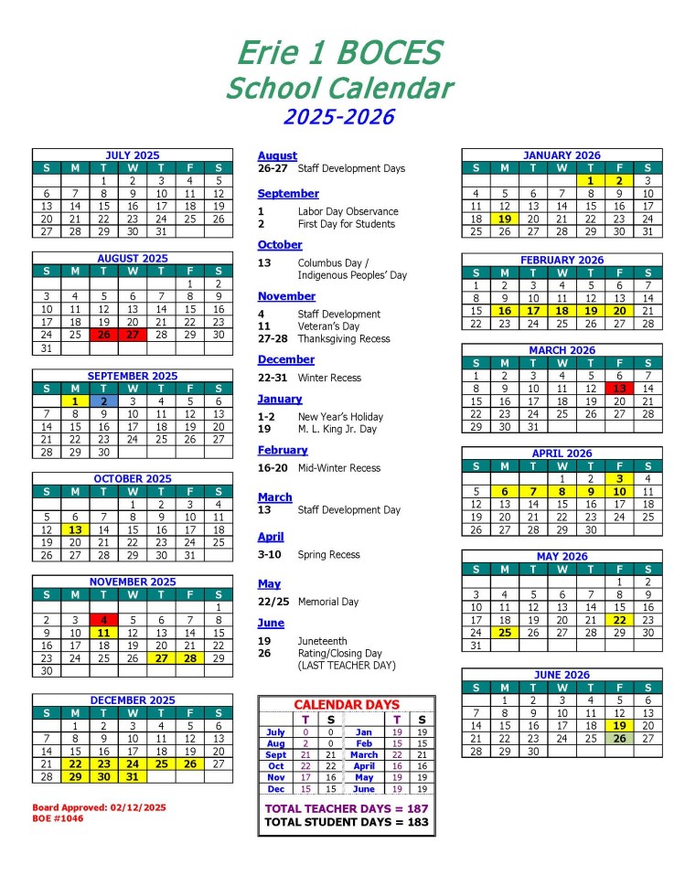 View our Erie 1 BOCES Instructional Calendar