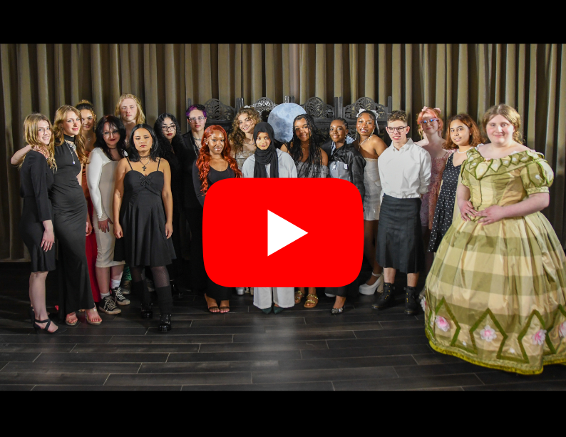 Class photo of students in Fashion Design Technology program on night of FUSION '24 Fashion Show